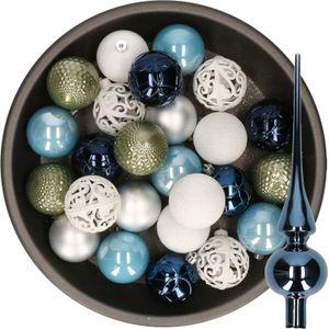 Decoris Kerstballen - 37 ST - blauw-wit-zilver-groen - glazen piek - kunststof - 6 cm