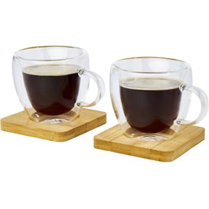 Seasons Dubbelwandige koffieglazen 100 ml - set van 4x stuks - met bamboe onderzetters - Espresso glazen