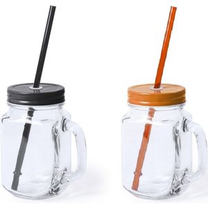 6x stuks Glazen Mason Jar drinkbekers met dop en rietje 500 ml - 3x zwart/3x oranje - afsluitbaar/niet lekken/fruit shakes