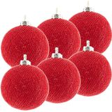 6x Rode Cotton Balls kerstballen 6,5 cm - Kerstversiering - Kerstboomdecoratie - Kerstboomversiering - Hangdecoratie - Kerstballen in de kleur rood