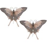 2x stuks grote metalen vlinder grijs/goudbruin 34 x 24 cm tuin decoratie - Tuindecoratie vlinders - Dierenbeelden hangdecoraties