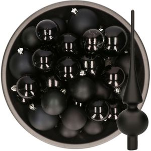 Kerstversiering kunststof kerstballen zwart 6-8-10 cm pakket van 45x stuks - Met een mat glazen piek van 26 cm