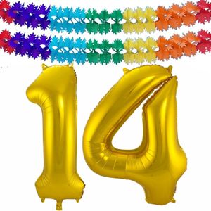 Folie ballonnen - Leeftijd cijfer 14 - goud - 86 cm - en 2x slingers