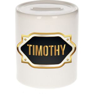 Timothy naam cadeau spaarpot met gouden embleem - kado verjaardag/ vaderdag/ pensioen/ geslaagd/ bedankt