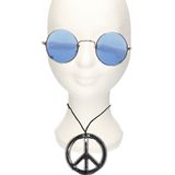 Hippie Flower Power verkleed set peace-teken ketting met ronde glazen zonnebril blauw