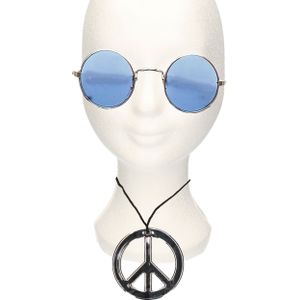 Hippie Flower Power verkleed set peace-teken ketting met ronde glazen zonnebril blauw