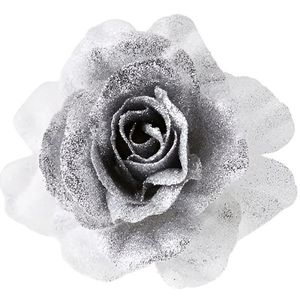 Cosy &amp; Trendy Kerstboomversiering bloem op clip zilver/wit en besneeuwd  18 cm - kerstfiguren - zilveren kerstversieringen