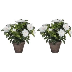 2x Groene Azalea kunstplanten witte bloemen 27 cm in pot stan grey - Kunstplanten/nepplanten