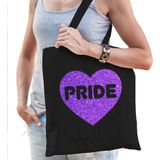 Bellatio Decorations Gay Pride tas dames - zwart - katoen - 42 x 38 cm - paars glitter hart - LHBTI