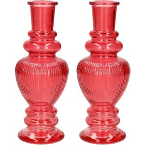 Kaarsen kandelaar Venice - 2x - gekleurd glas - ribbel rood - D5,7 x H15 cm