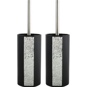 MSV Toiletborstel houder Luanda - 2x - kunststeen - zwart/zilver - 36 x 10 cm - Luxe uitstraling