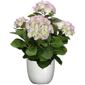 Hortensia kunstplant/kunstbloemen 45 cm - paars/groen - in pot wit glans - Kunst kamerplant