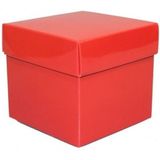 Set  van 4 vierkante cadeau doosjes rood 10 x 10 cm en 1 rol kadolint / sierlint zilver 25 meter