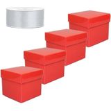 Set  van 4 vierkante cadeau doosjes rood 10 x 10 cm en 1 rol kadolint / sierlint zilver 25 meter