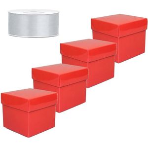 Set  van 4 vierkante cadeau doosjes rood 10 x 10 cm en 1 rol kadolint / sierlint zilver 25 meter