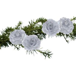 Kerstboom decoratie bloemen op clip - zilver - rozen - 9 cm