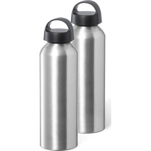 Bellatio Design Waterfles/drinkfles/sportfles - 2x - metallic zilver - aluminium - 800 ml - schroefdop