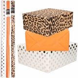 12x Rollen kraft inpakpapier/folie pakket - panterprint/oranje/wit met zilveren stippen 200 x 70 cm - dierenprint papier