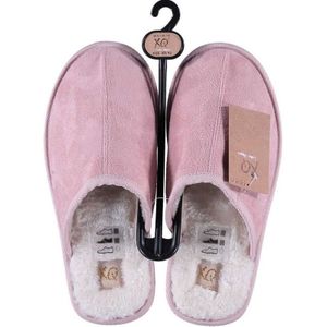 Roze instap sloffen/pantoffels met bont voor dames - Roze slippers voor dames