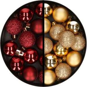 Kerstballen 34x st - 3 cm - donkerrood en goud - kunststof