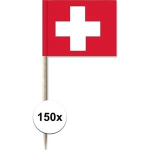 150x Cocktailprikkers Zwitserland 8 cm vlaggetje landen decoratie - Houten spiesjes met papieren vlaggetje - Wegwerp prikkertjes