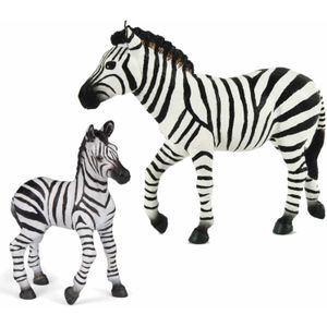 Plastic speelgoed figuren dieren setje zebra familie van 2x stuks - Moeder en kind - 12 en 9 cm