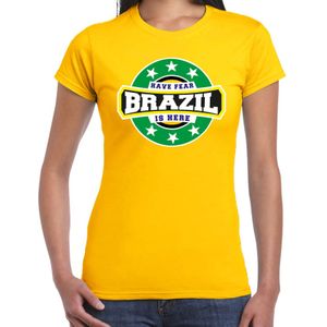 Have fear Brazil is here t-shirt met sterren embleem in de kleuren van de Braziliaanse vlag - geel - dames - Brazilie supporter / Braziliaans elftal fan shirt / EK / WK / kleding