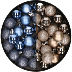 40x stuks kleine kunststof kerstballen donkerblauw en champagne 3 cm - Kerstversiering