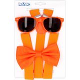 Carnaval verkleedset Supercool - hoedje/bretels/bril/strikje - oranje - heren/dames - glimmend - verkleedkleding accessoires