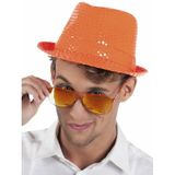 Carnaval verkleedset Supercool - hoedje/bretels/bril/strikje - oranje - heren/dames - glimmend - verkleedkleding accessoires