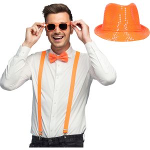 Carnaval verkleedset Supercool - hoedje/bretels/bril/strikje - oranje - heren/dames - glimmend - verkleedkleding accessoires
