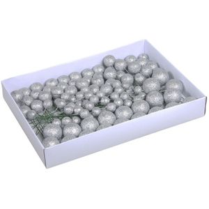 100x Zilveren glitter mini kerstballen stekers kunststof 2, 3 en 4 cm - Kerststukje maken onderdelen