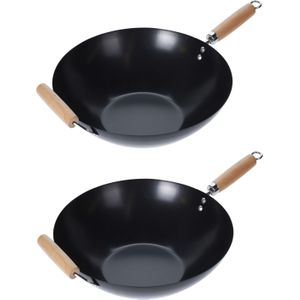 Set van 2x stuks wok pannen houten handvatten 35 cm - Steelwokken - Brander - Gas