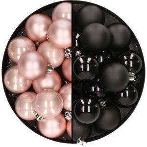 32x stuks kunststof kerstballen mix van lichtroze en zwart 4 cm - Kerstversiering