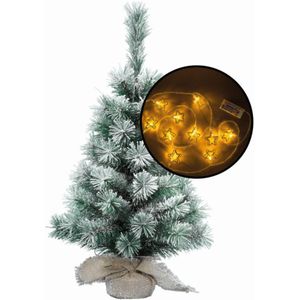 Kleine kunst kerstboom - besneeuwd - incl. 3D sterren lichtsnoer - H60 cm