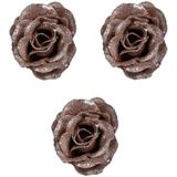 3x Oud roze roos met glitters op clip 7 cm - kerstversiering
