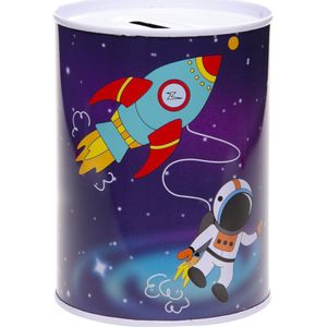 Blauwe spaarpot ruimte 7.5 x 10 cm - Blikken/metalen spaarpotten ruimte raket astronaut