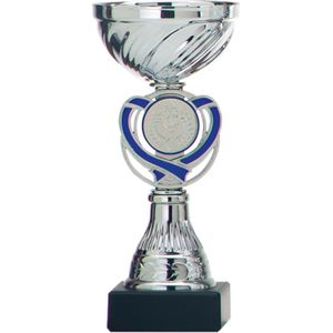 Trofee/prijs beker - zilver - blauw hart - kunststof - 15 x 7 cm - sportprijs