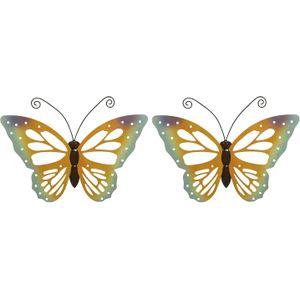 Set van 2x stuks grote oranje/gele vlinders/muurvlinders 51 x 38 cm cm - Tuindecoratie vlinders - Tuinvlinders/muurvlinders