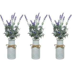 10x Stuks Paarse Lavandula/Lavendel Kunstplant 32 cm In Witte Pot - Kunstplanten/Nepplanten