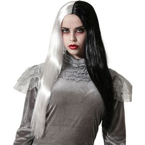 Atosa Halloween verkleedpruik lang haar - zwart/wit - dames - Zombie/Spook/Heks