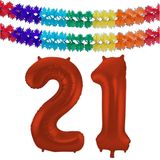 Folat folie ballonnen - Leeftijd cijfer 21 - rood - 86 cm - en 2x slingers