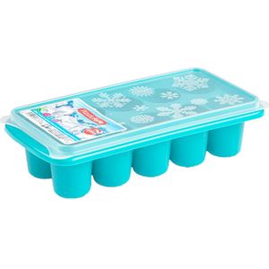 Tray met dikke grote ronde blokken van 6.5 cm ijsblokjes/ijsklontjes vormpjes 10 vakjes kunststof blauw met afsluit deksel