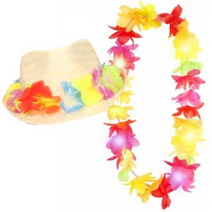 Carnaval verkleed set - Tropische Hawaii party - bloemen band strohoedje - en bloemenkrans met LED lichtjes - voor volwassenen