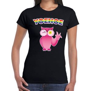Yoehoe gay pride knipogende roze uil t-shirt zwart met regenboog tekst voor dames -  Gay pride/LGBT kleding