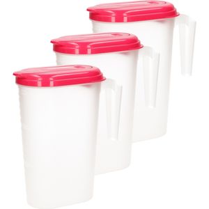 3x stuks waterkan/sapkan transparant/fuschia roze met deksel 1.6 liter kunststof - Smalle schenkkan die in de koelkastdeur past