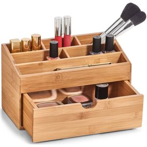 Make-up organizer 6-vaks met lade bamboe hout 25 x 12 cm - Zeller - Kaptafel/badkamer accessoires - Make-up houders - Make-up organizers