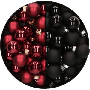 Mini kerstballen - 48x st - donkerrood en zwart - 2,5 cm - glas - kerstversiering