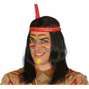 Fiestas Guirca Verkleedpruik Indiaan met veer - voor heren - zwart lang haar