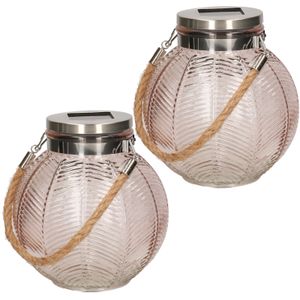 2x stuks roze solar lantaarn van gestreept glas rond 16 cm - Tuinlantaarns - Solarverlichting - Tuinverlichting